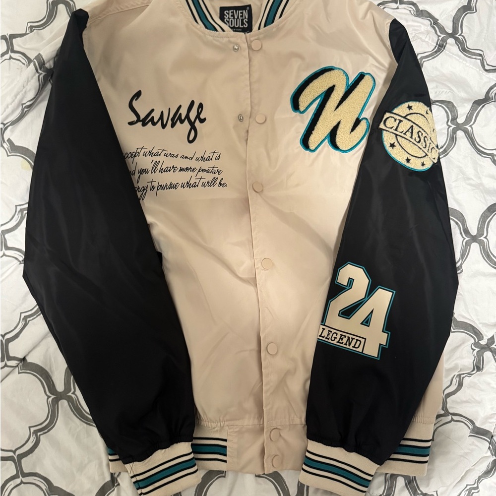 Seven Souls Beige and Black Varsity Jacket Y2K
